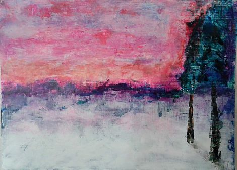 <h1>Klaudia Meditz – Schneelandschaft bei Sonnenuntergang</h1><p>Acryl auf Papier</p>